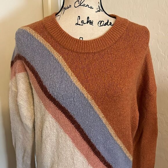 Madewell Brown Stripe Multi Color Pullover Sweater Casual Boho Modern - Picture 2 of 9